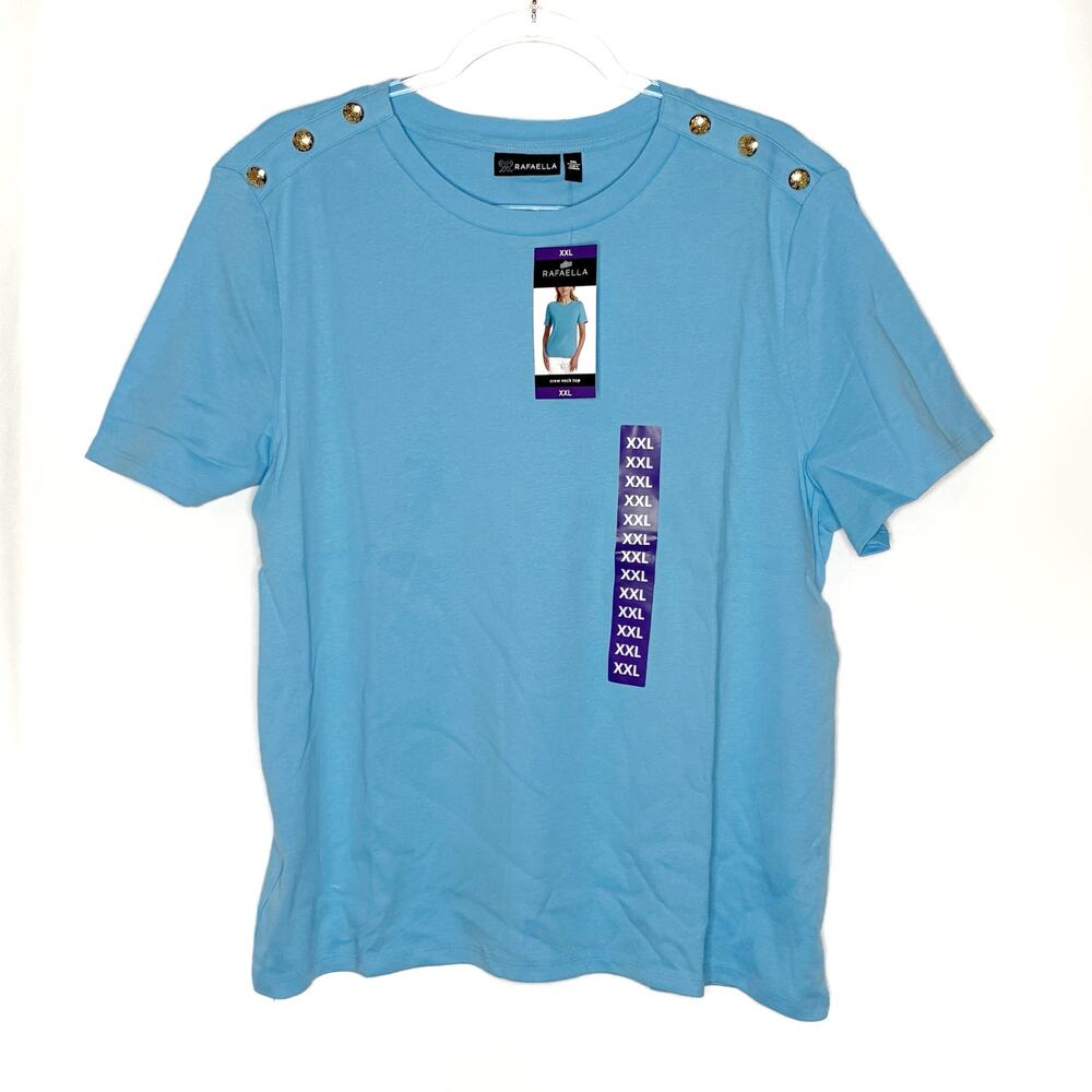 Rafaella Blue Crew Neck Top w/Short Button Sleeves Crew Neck NWT Womens